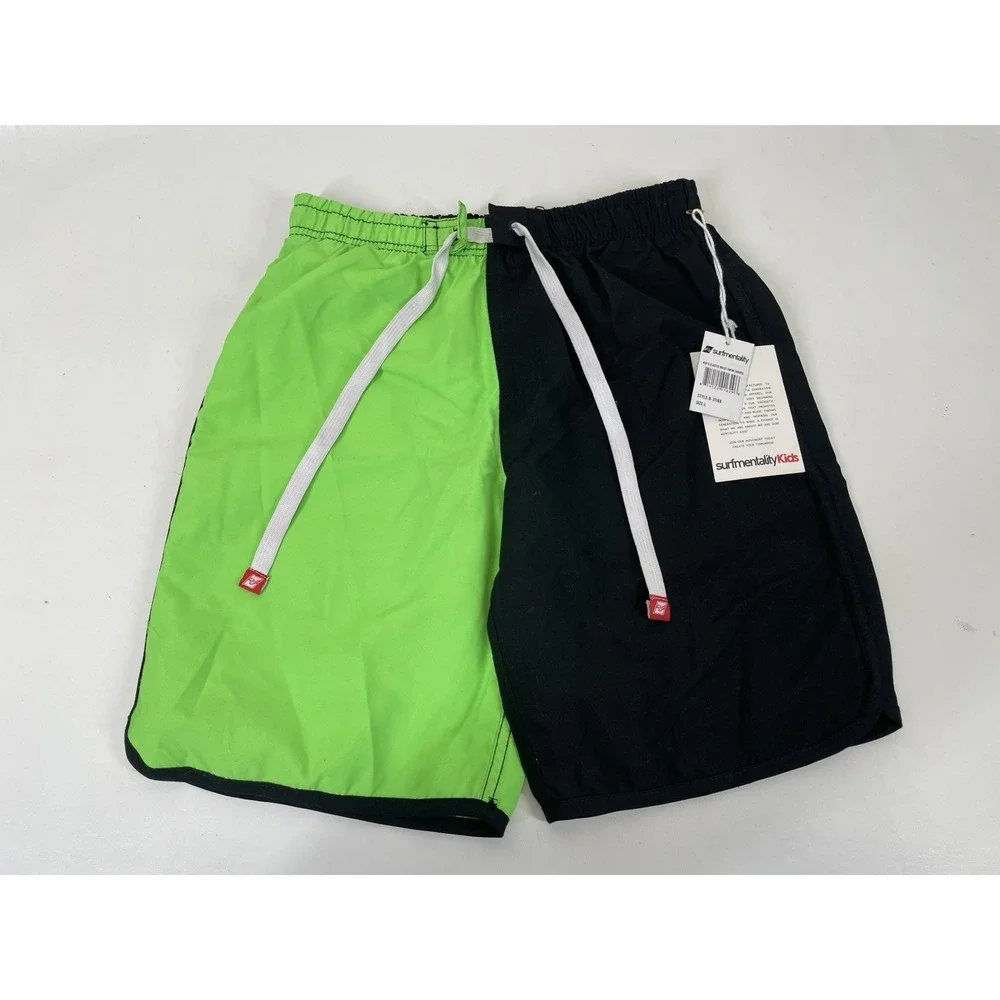 Surf Mentality Kids Elastic Waist Swim Shorts Size L Green‎ Black NWT
